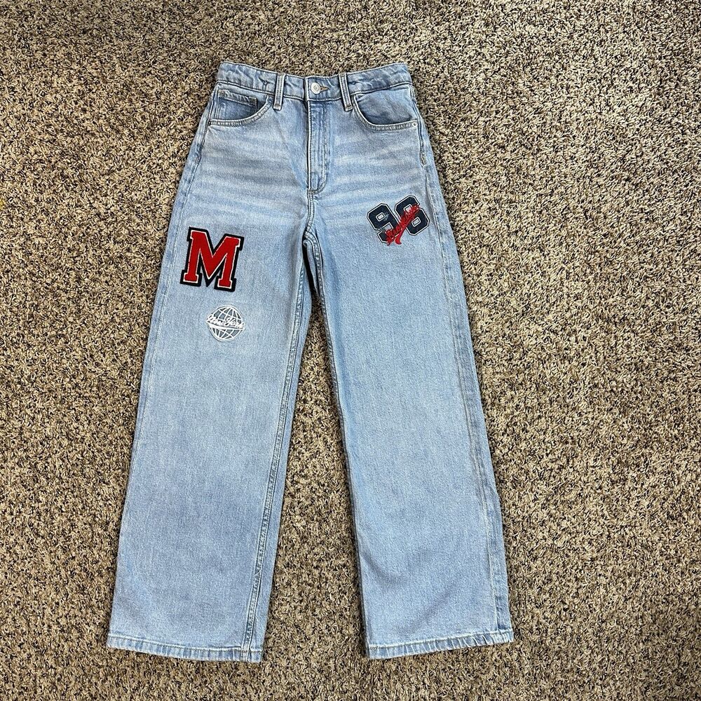 H&M Girls Sz 10 Wide Leg High Waist 5 Pocket 96 Brooklyn New York M Patch Jeans